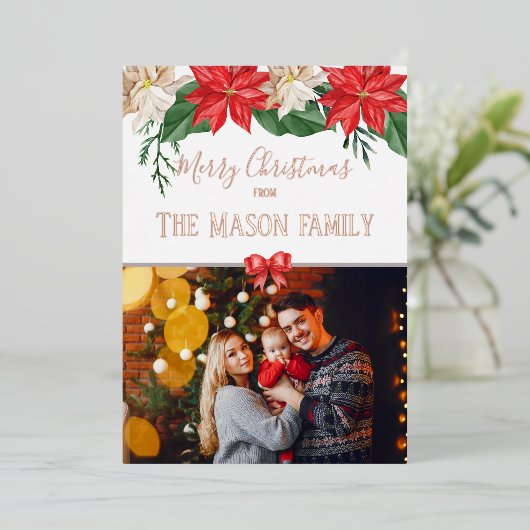 Vroeger kerstfeest Foto Floral Modern Folie Feestdagenkaart (Staand Voorkant)
