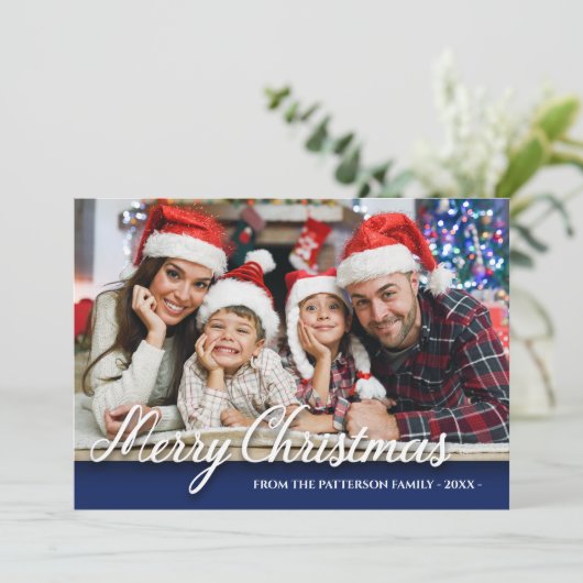 Vroeger kerstfeest Foto Modern Stylish Blue Kaart (Staand voorkant)