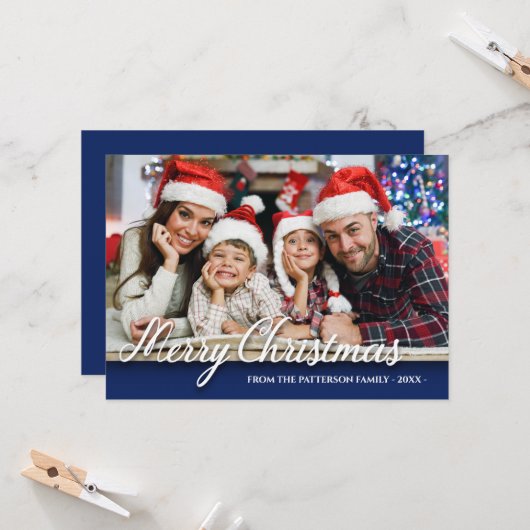 Vroeger kerstfeest Foto Modern Stylish Blue Kaart (Voorkant / Achterkant in situ)