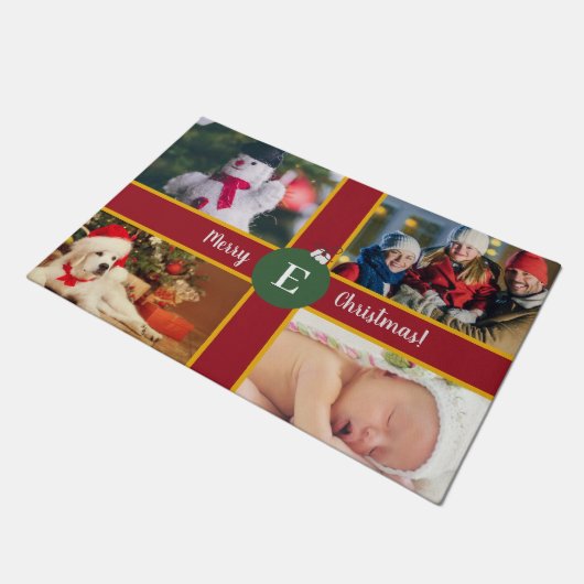 Vroeger kerstfeest Foto rood groen monogram Deurmat (Schuin)