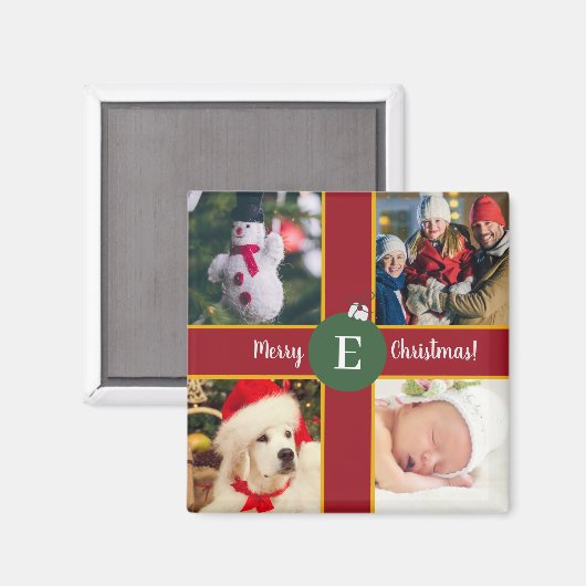 Vroeger kerstfeest Foto rood groen monogram Magneet (Voorkant / Achterkant)