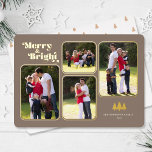 Vroegere en helderdere foto's met kerstgoud folie feestdagenkaart<br><div class="desc">Op deze kerstkaart staat de tekst "Merry & Bright" die in een leuke gouden folie retro-lettertype op een donkerbruine achtergrond verschijnt. Het ontwerp biedt 4 fotokaders voor u favoriete afbeeldingen aan. Foto © Storytree Studios,  Stanford,  CA</div>