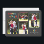 Vroegere en kleurrijke foto's met feestdag feestdagenkaart<br><div class="desc">Op de kleurrijke kerstkaart staat de tekst "Merry & Bright" die in meerkleurige retrotekst op een zwarte achtergrond staat. Het ontwerp biedt vier fotokaders voor uw favoriete familiefoto's aan. Foto © Storytree Studios,  Stanford,  CA</div>