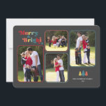 Vroegere en kleurrijke foto's met feestdag feestdagenkaart<br><div class="desc">Op de kleurrijke kerstkaart staat de tekst "Merry & Bright" die in meerkleurige retrotekst op een zwarte achtergrond staat. Het ontwerp biedt vier fotokaders voor uw favoriete familiefoto's aan. Foto © Storytree Studios,  Stanford,  CA</div>