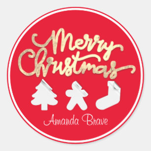 Vroegere kerstbedomde boomnaam Gold Red White Ronde Sticker