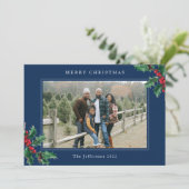 Vroegere kerstblauwe kaart, aangepast Holly Berry- (Staand voorkant)