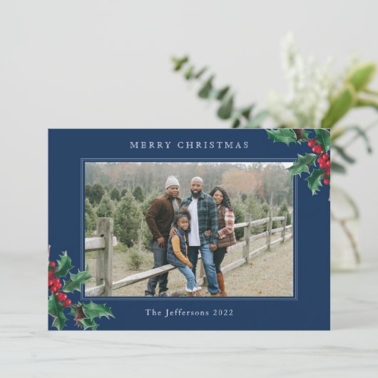 Vroegere kerstblauwe kaart, aangepast Holly Berry- (Staand voorkant)