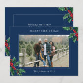 Vroegere kerstblauwe kaart, aangepast Holly Berry- (Voorkant / Achterkant)