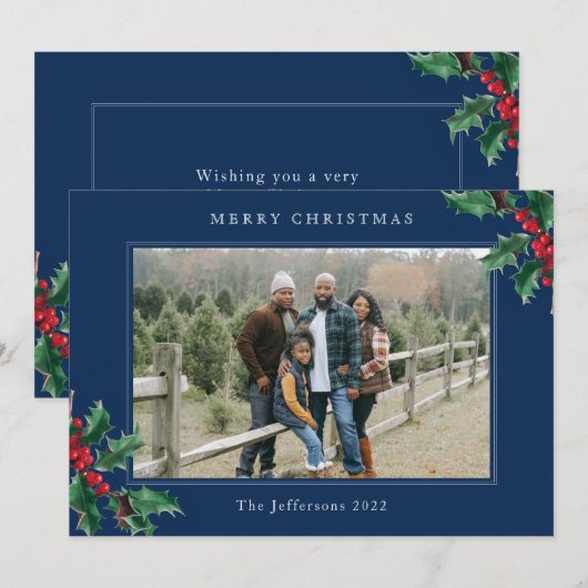 Vroegere kerstblauwe kaart, aangepast Holly Berry- (Voorkant / Achterkant)