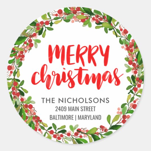 Vroegere kerstdag Rood script-feestdag Retouradres Ronde Sticker (Voorkant)