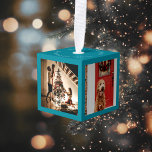 Vroegere kerstfamilie Foto Cube Turquoise Decoratie<br><div class="desc">Personaliseer met uw foto's en tekst op bovenkant evenals achtergrondkleur; de witte lijsten zijn ook editable.</div>