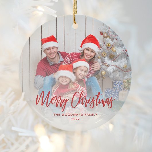 Vroegere kerstfamilie Foto rood script Keramisch Ornament