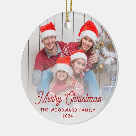 Vroegere kerstfamilie Foto rood script Keramisch Ornament (Links)