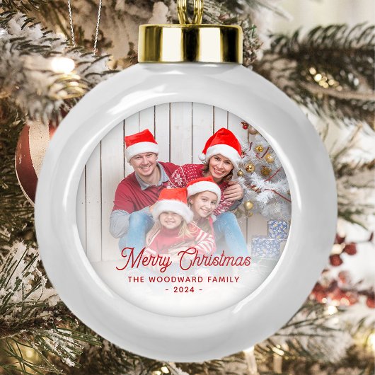Vroegere kerstfamilie Foto rood script Keramische Bal Ornament