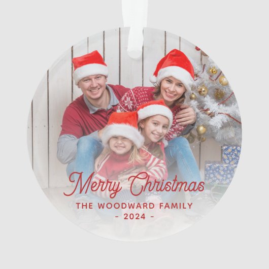 Vroegere kerstfamilie Foto rood script Ornament (achterkant)