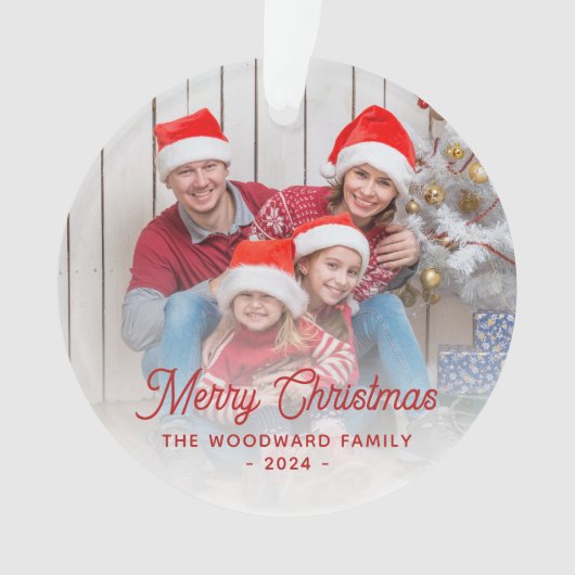 Vroegere kerstfamilie Foto rood script Ornament (voorkant)