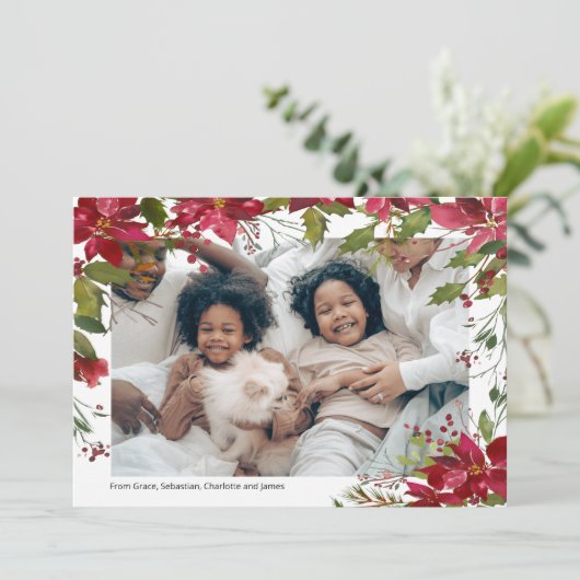 Vroegere kerstfeestdag Foto van Poinsettia Flower Feestdagenkaart (Staand voorkant)