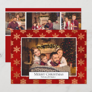 Vroegere kerstfoto Collage Red Gold Snowflakes Kaart