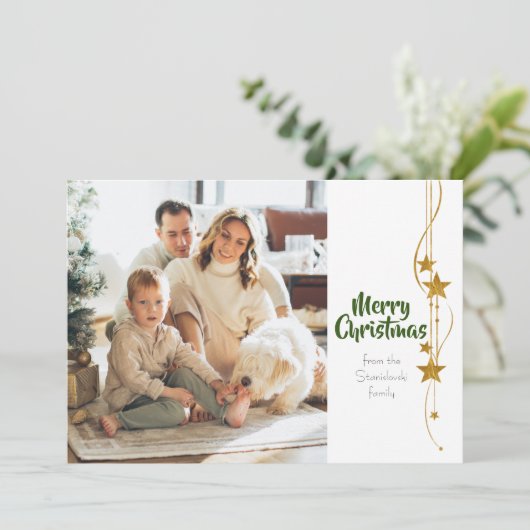 Vroegere kerstgroene gouden sterren Moderne Foto Feestdagenkaart (Staand voorkant)