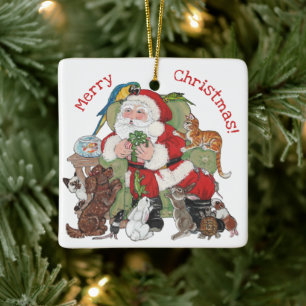 Vroegere kerstman en huisdieren keramisch ornament