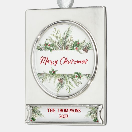 Vroegere kerstomlijsting Winter Wheath Greeting Verzilverd Banner Ornament (Links)