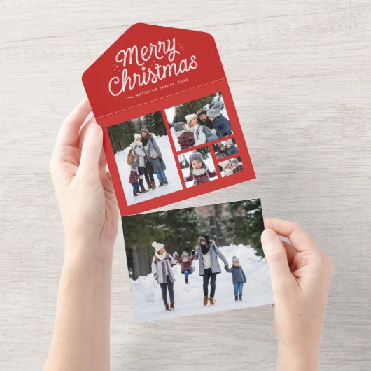 Vroegere kerstretro rode collage unieke vakantie all in one uitnodiging (Afscheurbaar)