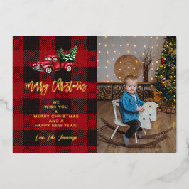Vroegere kersttruck en Buffalo-cheque Foto V Folie Uitnodiging