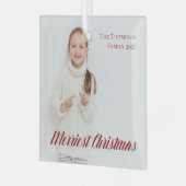 Vroegste kerstfoto van Elegant Red Script Glas Ornament (Voorkant links)