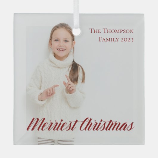 Vroegste kerstfoto van Elegant Red Script Glas Ornament (Voorkant)