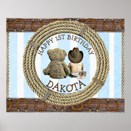 Vrolijk 1-jarige Cowboy en Teddy Bear Boy's Poster