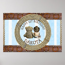 Vrolijk 1-jarige Cowboy en Teddy Bear Boy's Poster