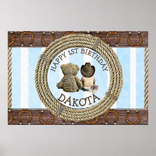 Vrolijk 1-jarige Cowboy en Teddy Bear Boy's Poster (Voorkant)