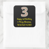 Vrolijk 3e verjaardag & Vrolijk Kerstfeest, Douane Vierkante Sticker (Tas)