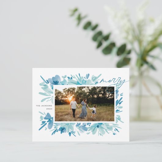 Vrolijk Abstract blauw bloemenkerst Feestdagenkaart (Staand voorkant)