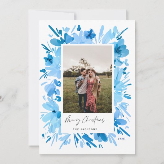 Vrolijk abstract blauw bloemig kerstontwerp feestdagenkaart (Voorkant)