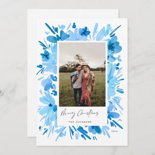 Vrolijk abstract blauw bloemig kerstontwerp feestdagenkaart (Voorkant / Achterkant)