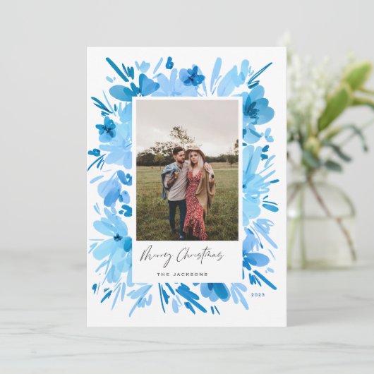 Vrolijk abstract blauw bloemig kerstontwerp feestdagenkaart (Staand voorkant)