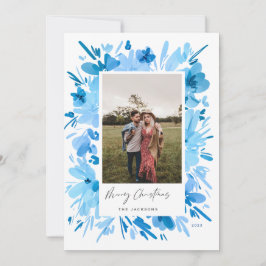 Vrolijk abstract blauw bloemig kerstontwerp feestdagenkaart