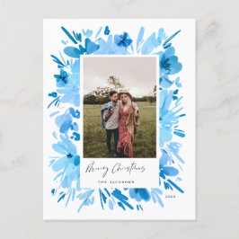 Vrolijk abstract blauw bloemig kerstontwerp feestdagenkaart