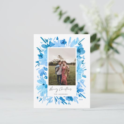 Vrolijk abstract blauw bloemig kerstontwerp feestdagenkaart (Staand voorkant)