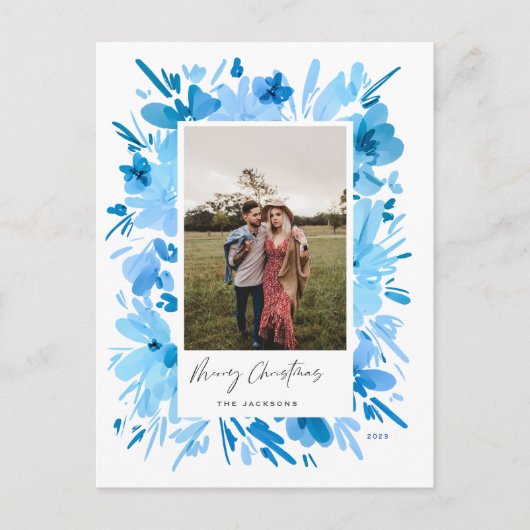 Vrolijk abstract blauw bloemig kerstontwerp feestdagenkaart (Voorkant)