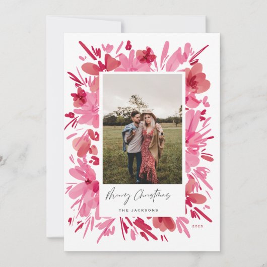 Vrolijk abstract rood bloemig kerstvakantie ontwer feestdagenkaart (Voorkant)