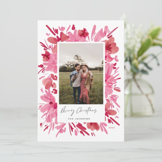 Vrolijk abstract rood bloemig kerstvakantie ontwer feestdagenkaart (Staand voorkant)