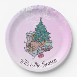 Vrolijk alles roze kerstboom kat en hond papieren bordje