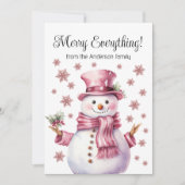 Vrolijk Alles Roze Sneeuwman Sneeuwvlokken Feestdagenkaart (Voorkant)