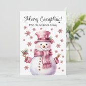 Vrolijk Alles Roze Sneeuwman Sneeuwvlokken Feestdagenkaart (Staand voorkant)