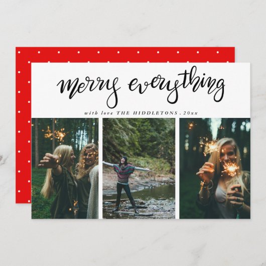Vrolijk alles | Script Three Photo Holiday Feestdagenkaart (Voorkant / Achterkant)