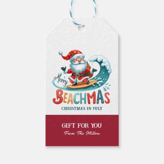 Vrolijk Beachmas Santa Surfen Retro Design Cadeaulabel (Voorkant)