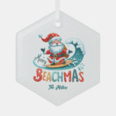 Vrolijk Beachmas Santa Surfen Retro Design Glas Ornament (Voorkant)
