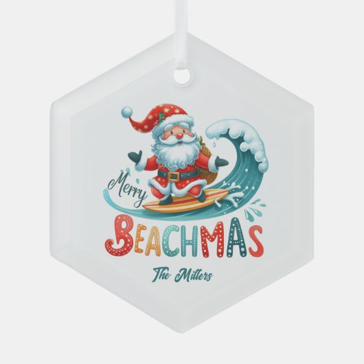 Vrolijk Beachmas Santa Surfen Retro Design Glas Ornament (Voorkant)